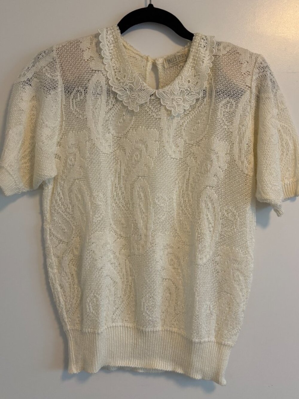 Vintage Palls Pyra Cream Open Knit Short Sleeve Lace Collar Top